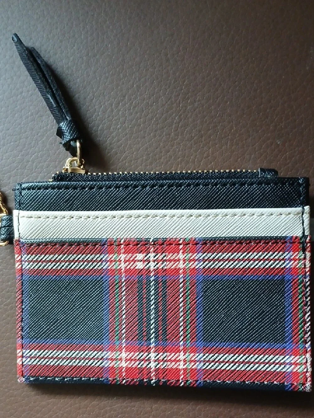 Steve Madden Red Black White Plaid Cardholder with Gold Keyring